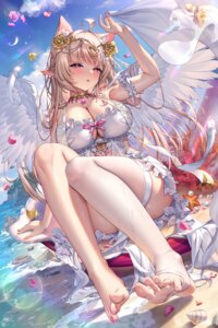 animal_ears detexted feet garter nekomimi no_bra pointy_ears sannio see_through skirt_lift thighhighs wet wings