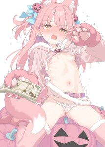 animal_ears areola halloween kani_biimu loli mikane_sebiri no_bra pantsu shirt_lift skirt_lift string_panties tail thighhighs wardrobe_malfunction wet