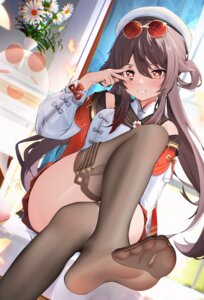 asian_clothes feet genshin_impact hu_tao megane radoremo see_through skirt_lift thighhighs