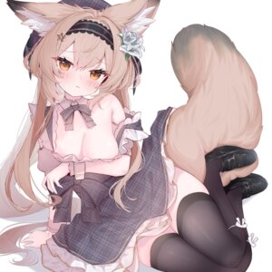 animal_ears breast_hold dress leafpie_zaurus no_bra skirt_lift tail thighhighs