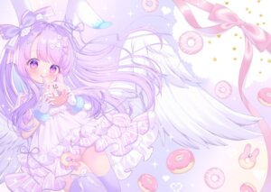animal_ears bunny_ears dress loli mukyu nopan skirt_lift thighhighs wings