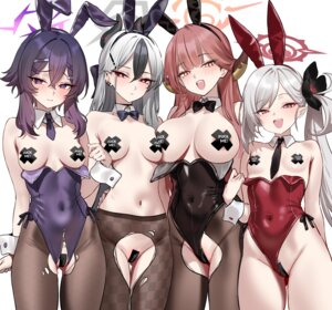 animal_ears areola asagi_mutsuki blue_archive breasts bunny_ears bunny_girl cameltoe halo horns igusa_haruka loli maebari no_bra nopan onikata_kayoko pantyhose pasties pointy_ears pubic_hair rikuhachima_aru shigure topless torn_clothes