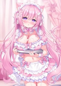 animal_ears breast_hold cream maid nekomimi no_bra siooooono tail waitress