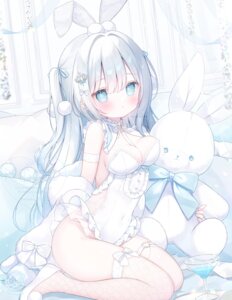animal_ears bunny_ears bunny_girl fishnets garter heels no_bra official_watermark omochi_monaka see_through tail thighhighs