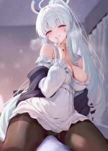 Rating: Questionable Score: 57 Tags: blue_archive halo nezumi_(09261377) no_bra pajama pantyhose skirt_lift ushio_noa wet User: Anonymous