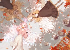 angel animal_ears blue_archive dress eshineko kirifuji_nagisa kitsune misono_mika skirt_lift sweater tail wings yurizono_seia