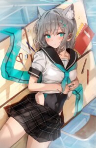 animal_ears blue_archive halo hidulume nekomimi seifuku sunaookami_shiroko swimsuits undressing