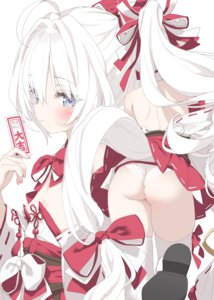 ass kani_biimu loli miko nipple_slip no_bra pantsu skirt_lift tail thighhighs