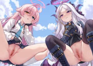 anus blue_archive devil halo heterochromia horns loli milkshake nopan pussy seifuku skirt_lift sorasaki_hina takanashi_hoshino thighhighs uncensored uniform wings
