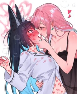 animal_ears hoshimi_miyabi kitsune lingerie megane no_bra open_shirt pajama pantsu qiandaiyiyu see_through tsukishiro_yanagi wet yuri zenless_zone_zero
