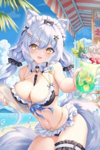 animal_ears bikini elza_(vtuber) garter indie_virtual_youtuber maid swimsuits tagme tail waitress wet