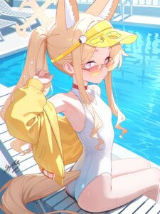 animal_ears blue_archive halo honyara-san kitsune loli megane swimsuits tail wet yurizono_seia