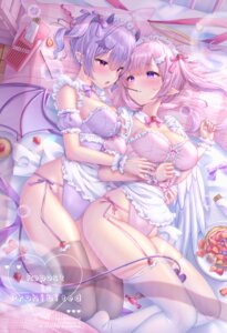 angel devil horns leotard maid no_bra official_watermark pointy_ears stockings tail thighhighs wings yuri yuyuko_(yuyucocco)