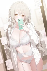 bra deyui dress_shirt garter_belt lingerie open_shirt pantsu selfie stockings thighhighs thong