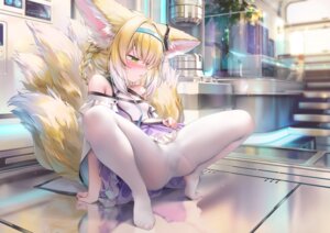 animal_ears arknights chen_bin kitsune loli pantsu pantyhose see_through skirt_lift suzuran_(arknights) tail thong