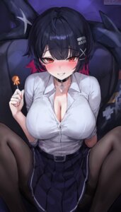 cleavage ellen_joe lillly open_shirt pantyhose seifuku skirt_lift tail zenless_zone_zero