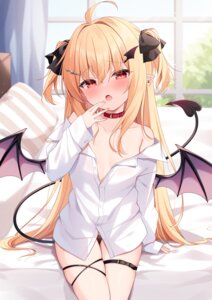 Rating: Questionable Score: 18 Tags: devil dress_shirt garter loli miy@ no_bra open_shirt pantsu pointy_ears see_through tail wings User: Anonymous