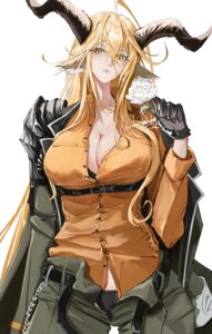 Rating: Questionable Score: 9 Tags: animal_ears arknights armor bra cleavage degenbrecher_(arknights) dress_shirt horns madana_gege open_shirt pantsu User: Genex