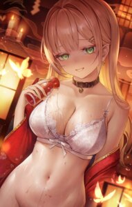 bra japanese_clothes nopan open_shirt pointy_ears sake wet yahiro_(heartseek000)