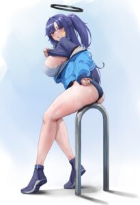 blue_archive bra buruma gym_uniform halo hayase_yuuka kuutamo open_shirt shirt_lift tattoo undressing wet