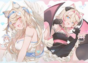 angel animal_ears bandaid chibi devil dress fuwawa_abyssgard hololive hololive_english horns icomochi inumimi mococo_abyssgard no_bra skirt_lift tail thighhighs wings