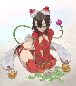 asian_clothes erect_nipples hks_(timbougami) horns lingerie no_bra pointy_ears tail thighhighs