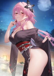 evernight honkai:_star_rail march_7th no_bra nopan onsen open_shirt shrimp_cake skirt_lift yukata