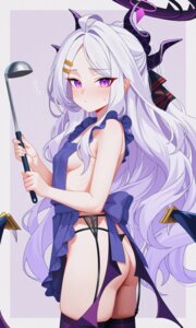 ass blue_archive devil garter_belt halo horns karaage_(xxxmido02) loli naked_apron pantsu sorasaki_hina stockings thighhighs thong wings