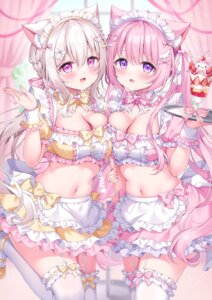 animal_ears garter maid nekomimi no_bra siooooono stockings symmetrical_docking thighhighs waitress