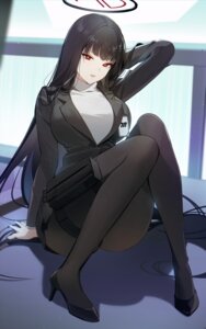 blue_archive business_suit eucha garter halo heels pantsu pantyhose skirt_lift tsukatsuki_rio