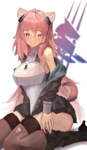 animal_ears arknights armor gravel_(arknights) heels hrk_(dxez4457) tail thighhighs torn_clothes