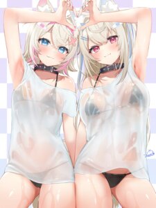 animal_ears bandaid bikini festa11307070 fuwawa_abyssgard hololive hololive_english horns inumimi mococo_abyssgard see_through swimsuits tail wet wet_clothes