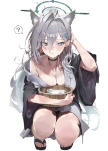 animal_ears blue_archive breast_hold halo nekomimi no_bra open_shirt pepq shiroko_terror sunaookami_shiroko wet yukata