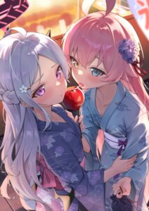 Rating: Safe Score: 21 Tags: blue_archive devil halo heterochromia horns kuroliu_9021 sorasaki_hina takanashi_hoshino wings yukata User: whitespace1
