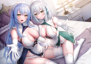 Rating: Questionable Score: 32 Tags: garter_belt maid no_bra oyuwari pantsu skirt_lift stockings symmetrical_docking thighhighs User: kazayomi