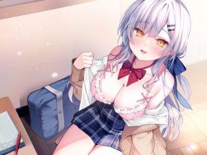 bra ebihara_beniko jpeg_artifacts open_shirt seifuku sweater undressing
