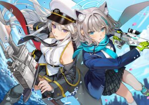 Rating: Safe Score: 22 Tags: animal_ears ariko_(aaaaarik) azur_lane blue_archive crossover enterprise_(azur_lane) gun halo nekomimi seifuku sunaookami_shiroko thighhighs uniform weapon User: Genex