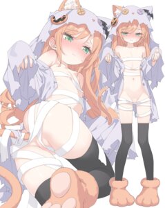 animal_ears areola bandages dress halloween kani_biimu loli minazuki_sarami nekomimi nopan open_shirt sarashi tail thighhighs torn_clothes