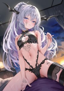 bra cameltoe garter horns loli nyahu_(nyahu_77) pantsu tattoo wet