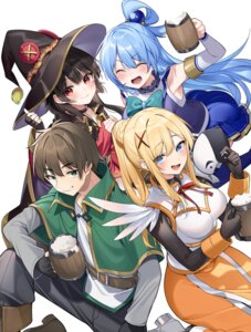 aqua_(konosuba) armor dress dustiness_ford_raratina kono_subarashii_sekai_ni_shukufuku_wo! megumin mishima_kurone satou_kazuma thighhighs witch