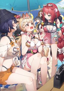 alice_thymefield animal_ears bandaid belle_(zenless_zone_zero) bikini_top bunny_ears cleavage garter komano_manato kusaka_shi megane see_through skirt_lift swimsuits tattoo ukinami_yuzuha wise_(zenless_zone_zero) zenless_zone_zero