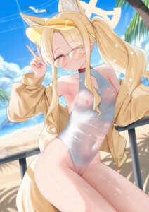 animal_ears blue_archive halo jinmuxi_(user_pvha4443) kitsune loli megane nipples pussy see_through swimsuits tail wet_clothes yurizono_seia