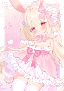 animal_ears bunny_ears dress loli lolita_fashion mukyu nipples no_bra skirt_lift thighhighs