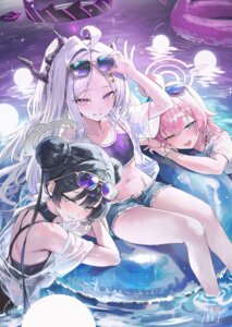 blue_archive devil halo heterochromia horns loli megane myung_yi open_shirt ryuuge_kisaki see_through sorasaki_hina swimsuits takanashi_hoshino torn_clothes wet wet_clothes