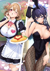 animal_ears bunny_ears bunny_girl fishnets giuniu maid no_bra otoko_girai_na_bijin_shimai_wo_namae_mo_tsugezu_ni_tasuketara_ittai_dounaru? pantyhose shinjou_aina shinjou_arisa thighhighs waitress