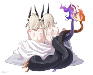 arknights blood eblana_dublinn horns ppxdq reed_(arknights) tail topless yuri