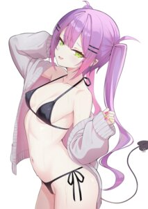 bikini erect_nipples hololive nekonosuke open_shirt pointy_ears sweater swimsuits tail thong tokoyami_towa wet