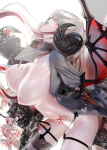 breasts devil garter horns iijima_masashi lolita_fashion nipples no_bra nopan open_shirt pussy_juice stockings tail tattoo thighhighs wet wings