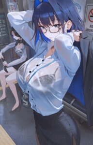 bra dress_shirt heels hololive hololive_english horns lingerie megane nerissa_ravencroft open_shirt ouro_kronii pantyhose rucarachi see_through wet wet_clothes