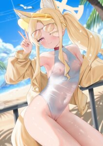 animal_ears blue_archive halo jinmuxi_(user_pvha4443) kitsune loli megane nipples pussy see_through swimsuits tail wet_clothes yurizono_seia